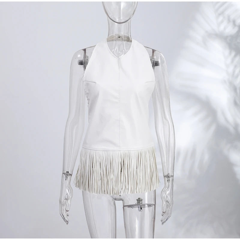 Faux Leather Patchwork Fringe Halter Top for Women
