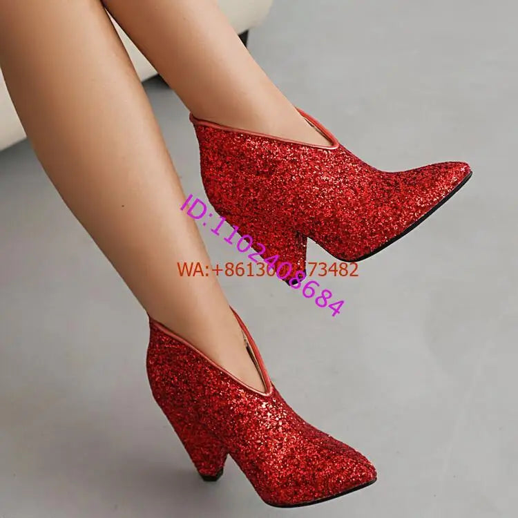 New Blingbling Pointed Toe Women Chunky Spike Heel Sequins Ankle Boots V Open Slip On Spike Heel Pointy Sequined Boots Size 43