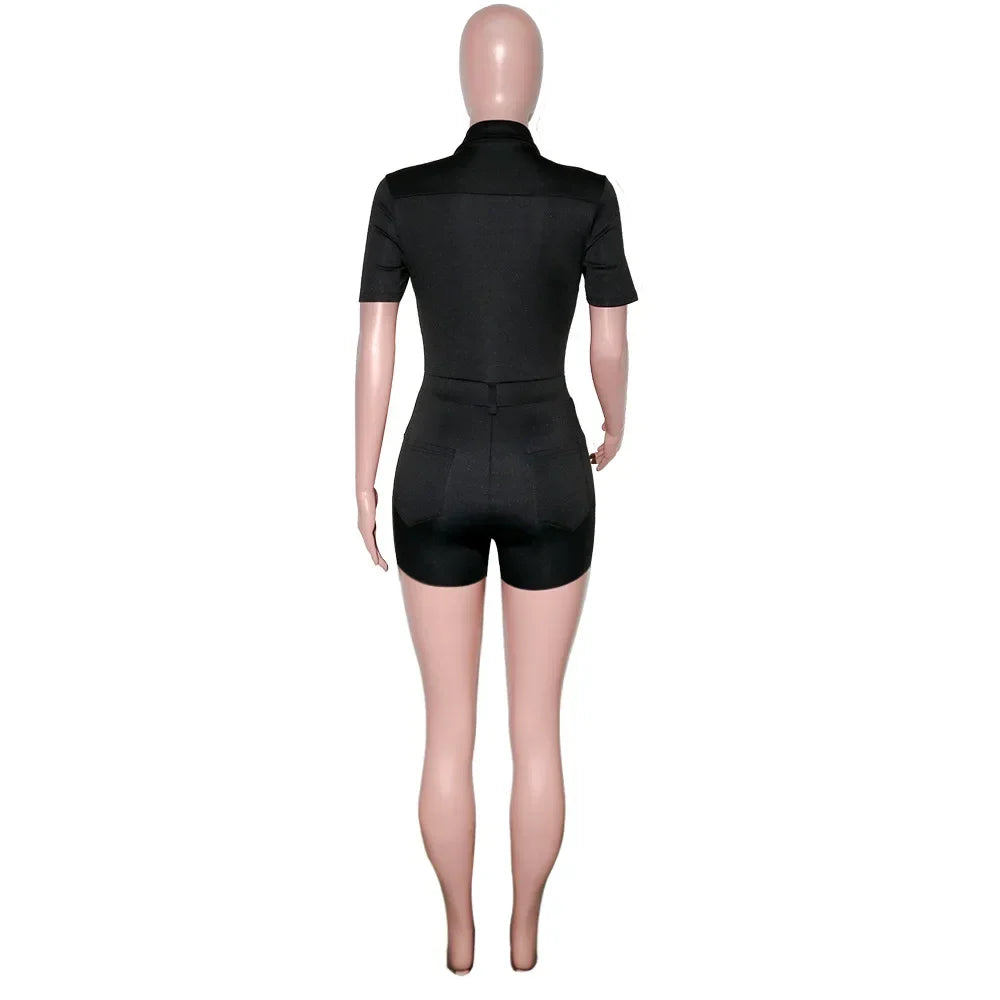 Summer V Neck Mesh Cargo Short Jumpsuit for Women