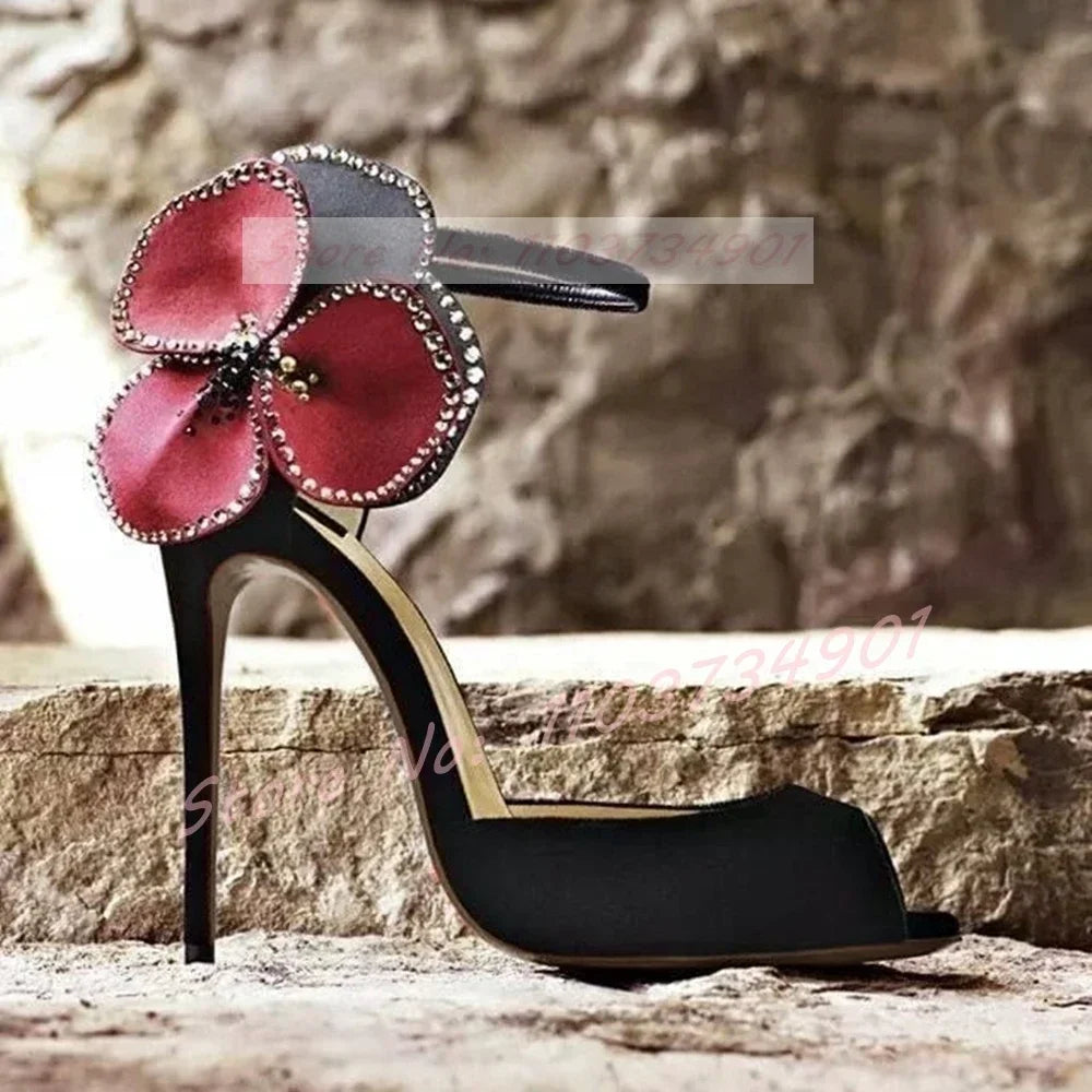Pink Satin Crystal Peep Toe Stiletto Sandals for Women