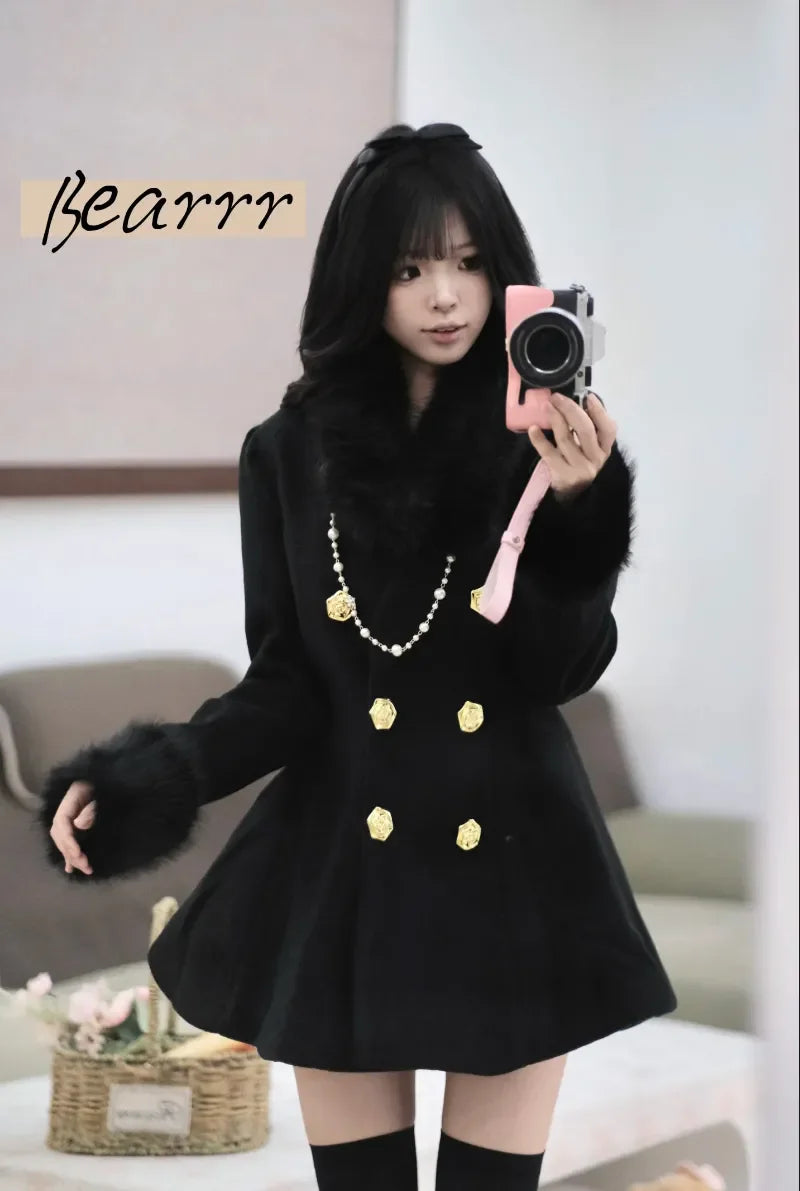 New Elegant Small Fragrance Celebrity Loose Coat Moda Woolen Winter French Style Vintage Blends Slim Waist Mid-length Outwear
