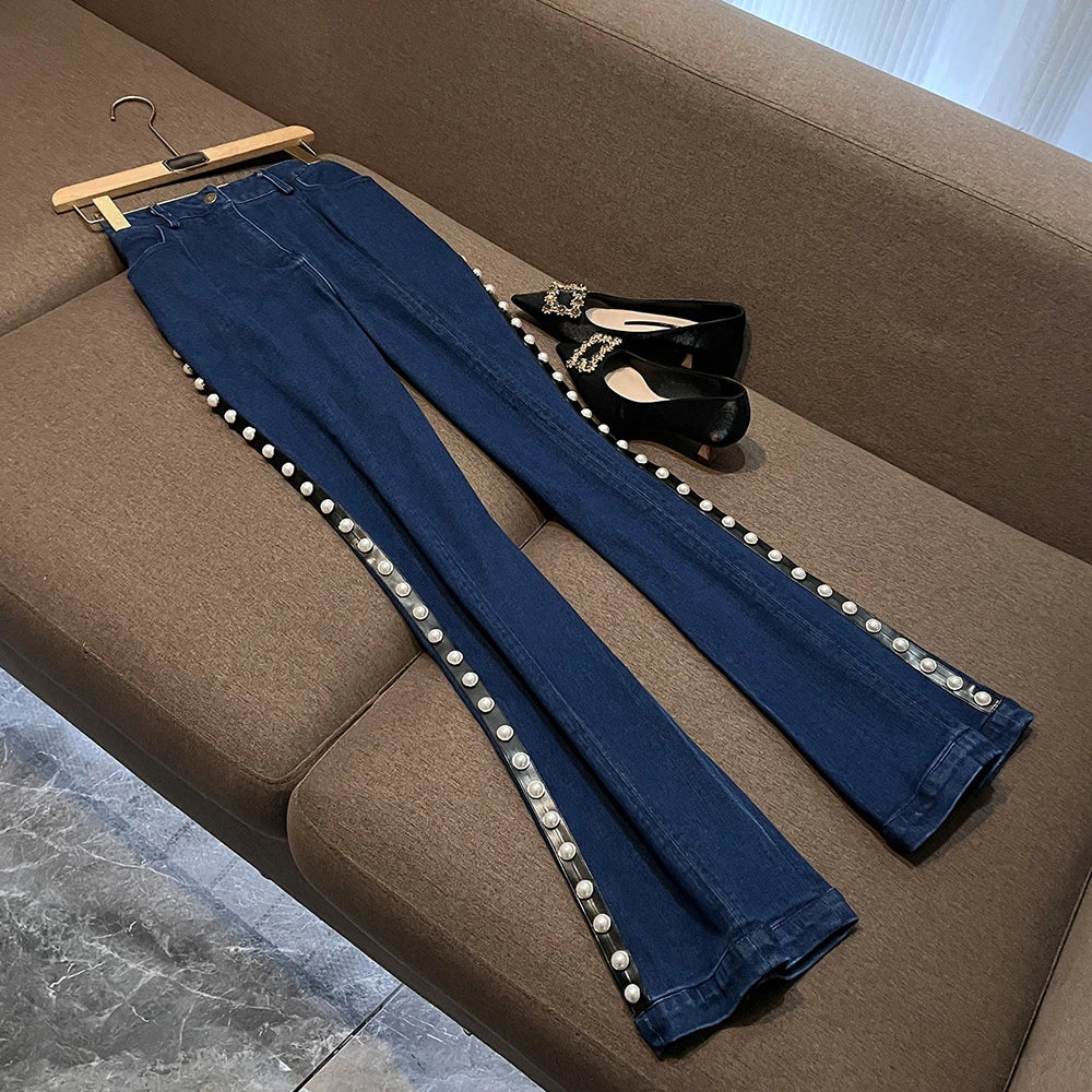 TWOTWINSTYLE Blue Denim Pearl Embellished Suit for Women Tailored Blazer Flared Pants Two Piece Set for Fashion Shows KSE559320