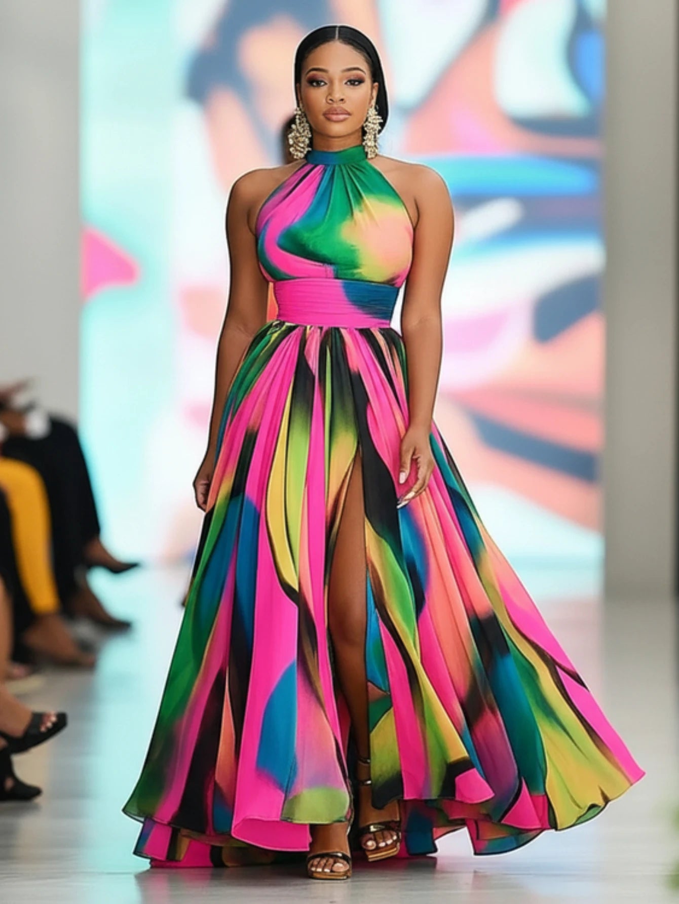 Women Halter Neck Printed Maxi Dress With High Front Slit For Runway Show Formal Evening Prom And Vacation Occasion