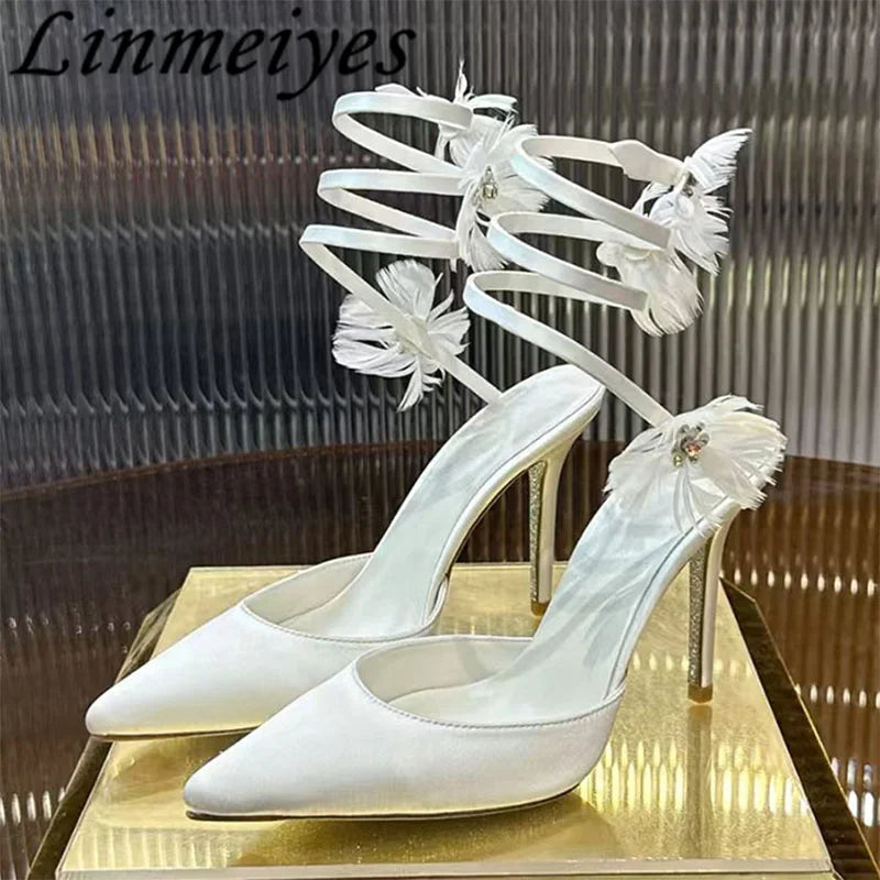 Rhinestone Feather Flower Embellished Ankle Strap High Heel Sandals for Women