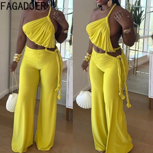 FAGADOER Sexy Ruched Patchwork Bodycon Jumpsuits For Woman Halter Sleeveless Wide-leg Romper Female Streetwear Overalls 2025 New