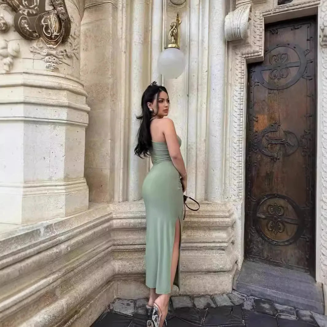 Summer Fashion Sexy Maxi Dress Women New Split Sleeveless Backless Slim Dress Fashion Off Shoulder Club Elegant Party Maxi Dres