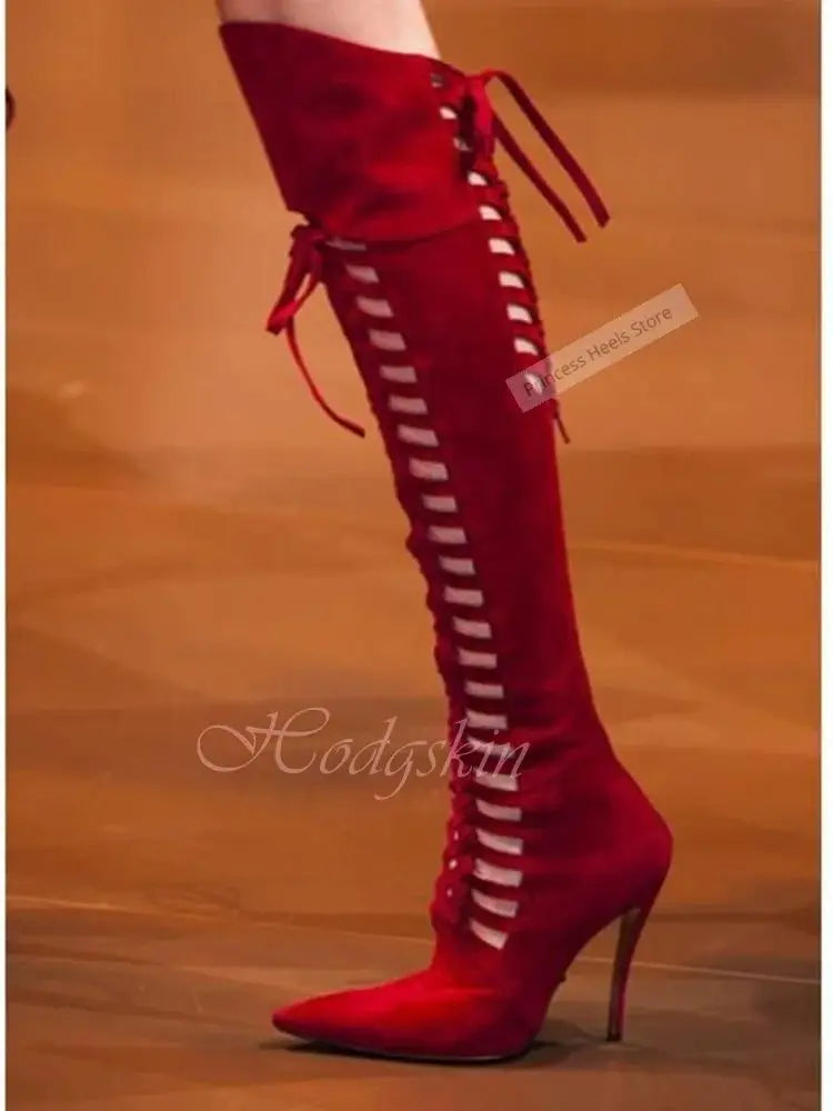 Velvet Strap Hollow Out Solid Color Over The Knee Boots for Women
