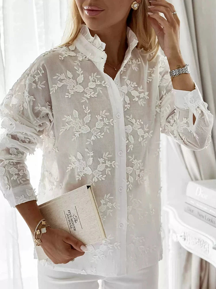 Lace Embroidered V Neck Long Sleeve Blouse for Women