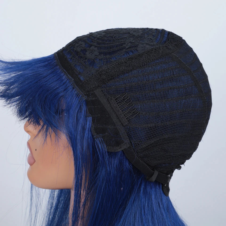 Blue Long Straight Human Hair Wig With Bangs for Women