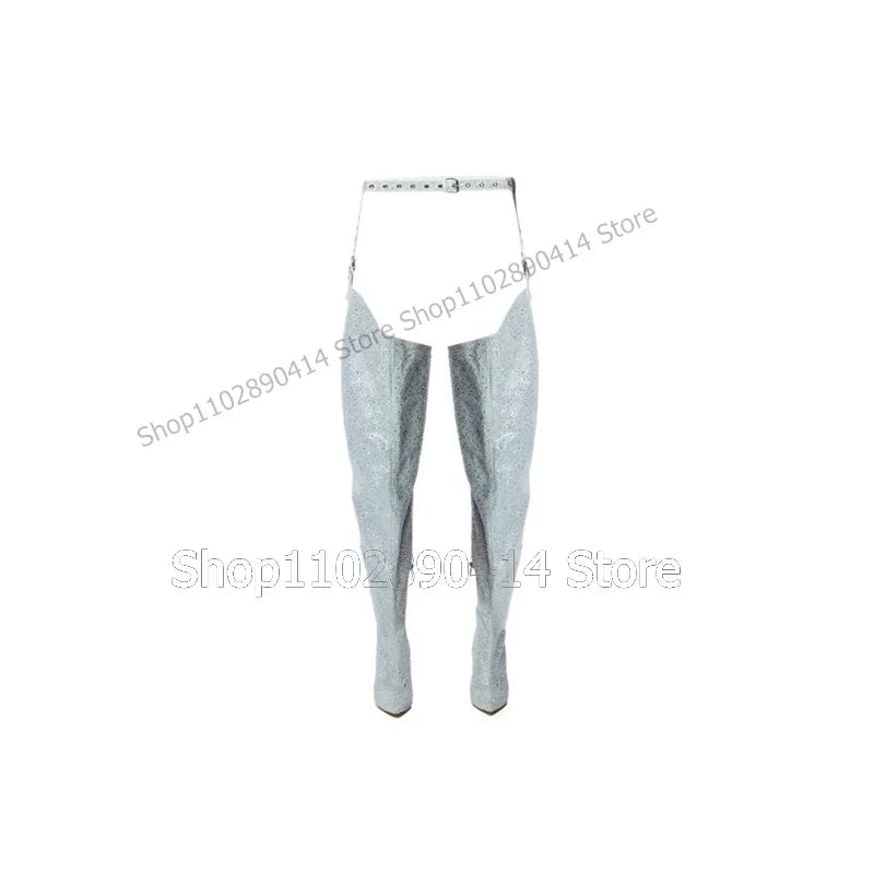 Light Blue Glitter Pointed Toe Stiletto Thigh High Boots For Women