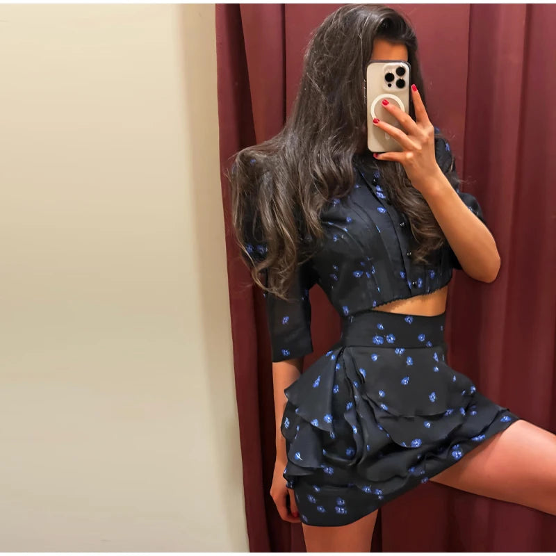 Floral Print Slim Top and Ruffle Skirt Set for Women