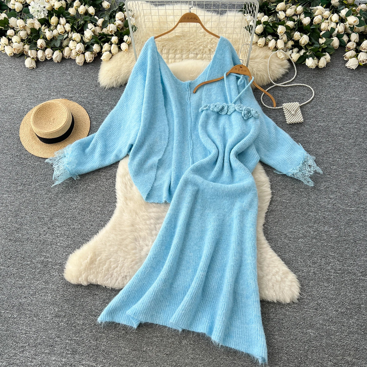 Lace Trim Knit Cardigan and Floral Halter Dress Set for Women