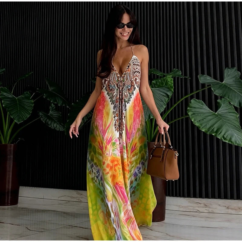 Beach Print Halter Neck Backless Long Dress for Women