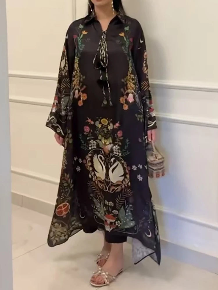 Retro Print Three Quarter Sleeve Midi Dress for Women