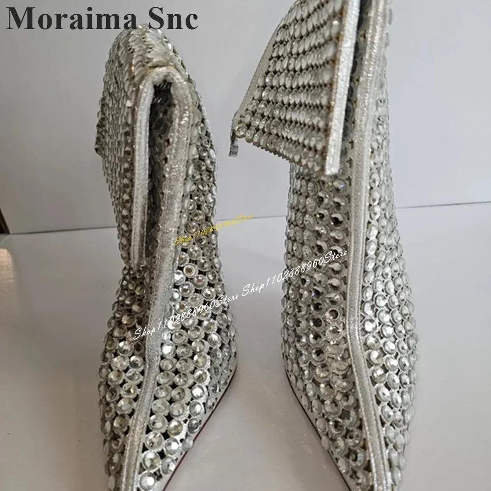 Crystal Net High Heel Pointed Toe Mid Calf Boots for Women