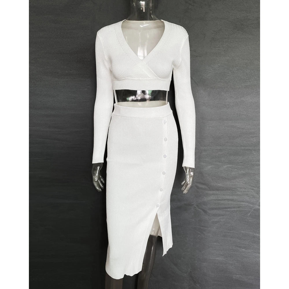 Casual Autumn Women V-Neck Long Sleeve Ribbed Knit Top & Button Slit Midi Skirt Set Slim Fit Two Pieces Dress Set