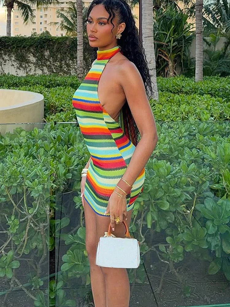 Striped Halter Backless Bodycon Mini Dress for Women