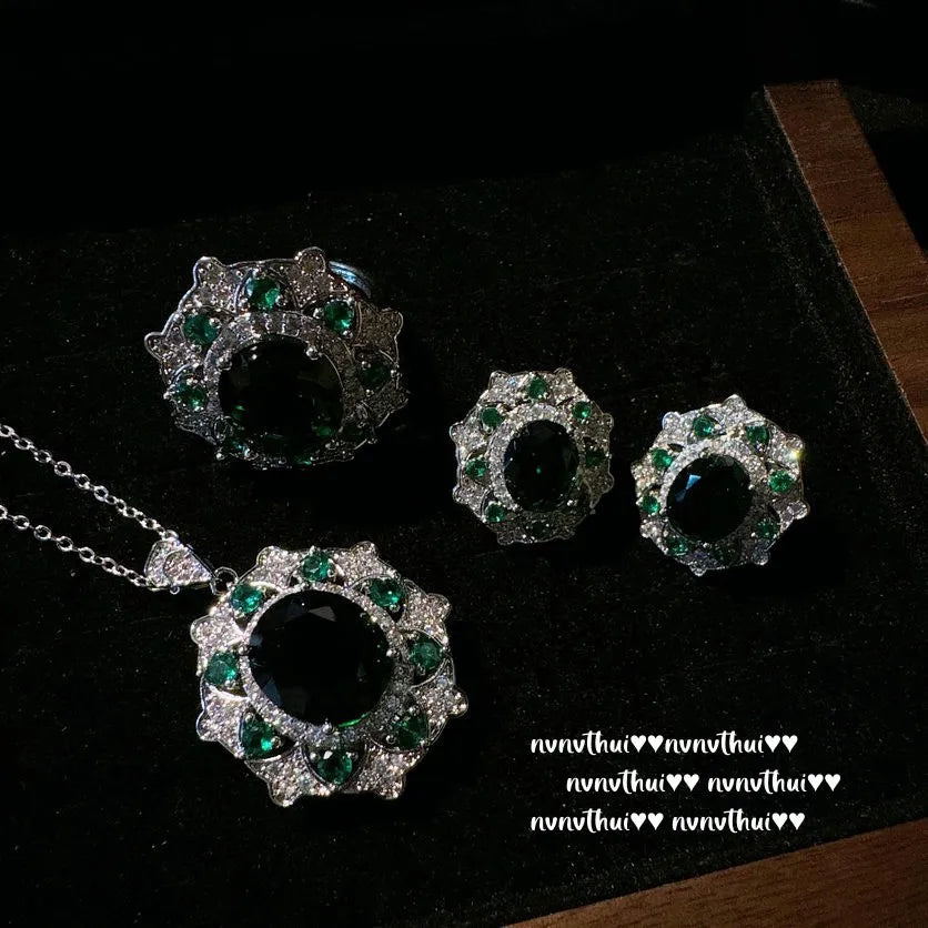 Oval Green Cubic Zirconia Sterling Silver Jewelry Set for Women