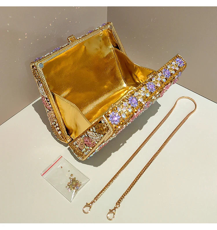 Metallic Leaf Diamond Evening Bag With Rhinestone Accents for Women