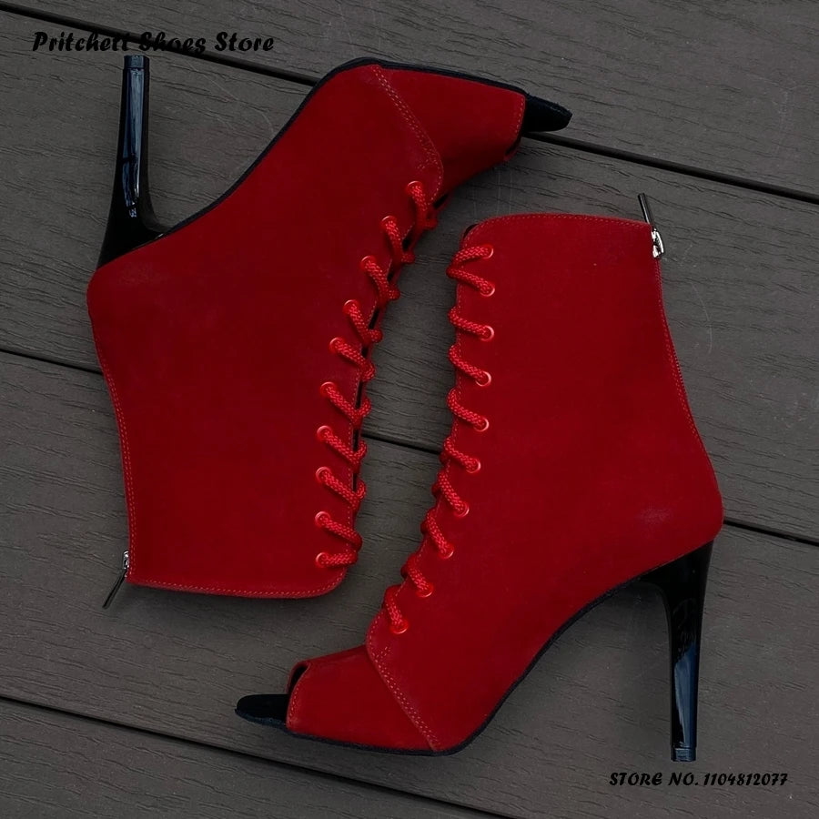 White Lace Up Heeled Open Toe Ankle Boots for Women