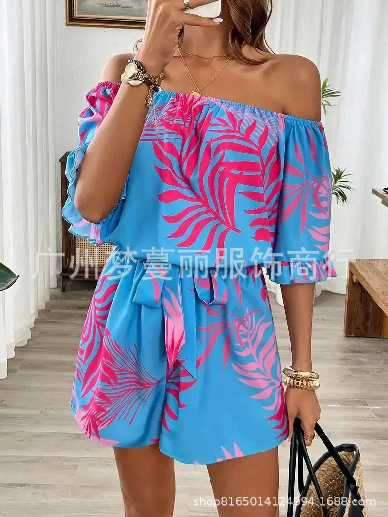 One-Shoulder Printed Short-Sleeve Lace-Up Waist Jumpsuit for Women