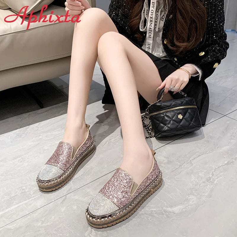Soft Faux Leather Sequined Platform Loafers For Women
