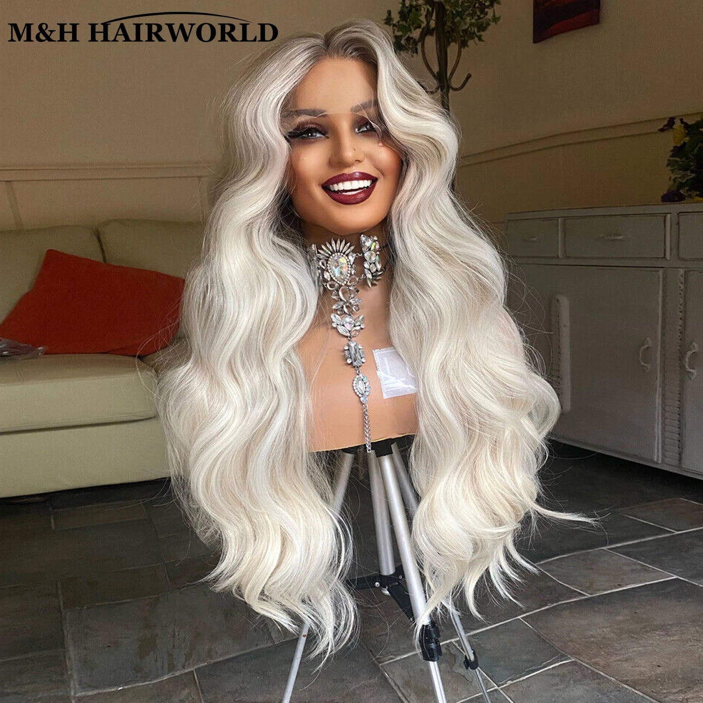 13X3 Glueless Frontal Lace Wigs For Women Long Wavy Synthetic Hair Lace Front Wigs Ombre Platinum Blonde Heat Resistant Hair Wig