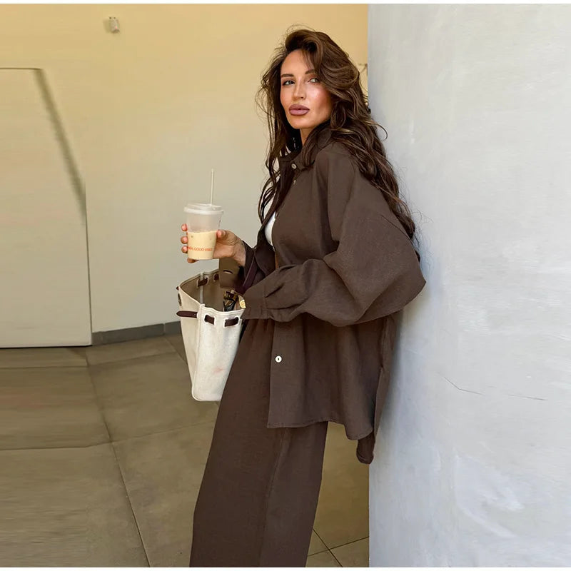 Casual Solid + Shirt and Wide Leg Pants Set + for Women