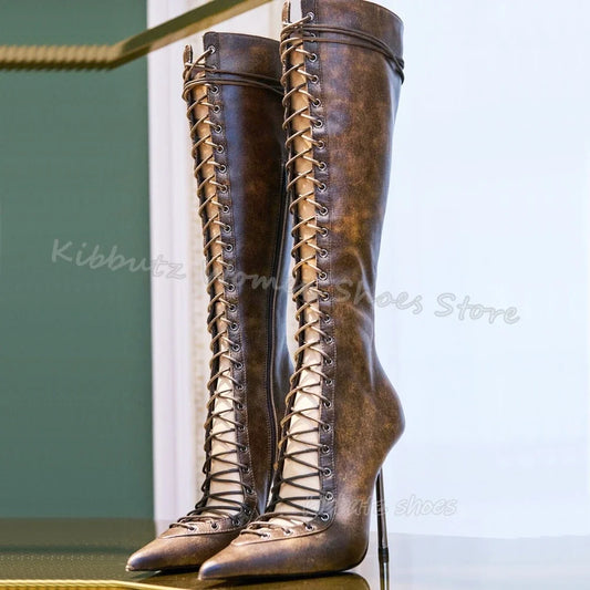 Lace-Up Hollow Knee High Boots Luxury Leather Solid Color Elegant Concise Fashion Sexy Pointed Toe Metal Thin Heels Women Shoes