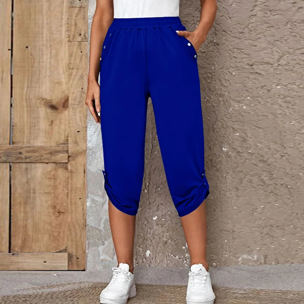 Women Elastic Waist Pants Summer Solid Color Casual Trousers Bottom Elegant Fashion Office Lady Loose Cropped Pants S-3XL