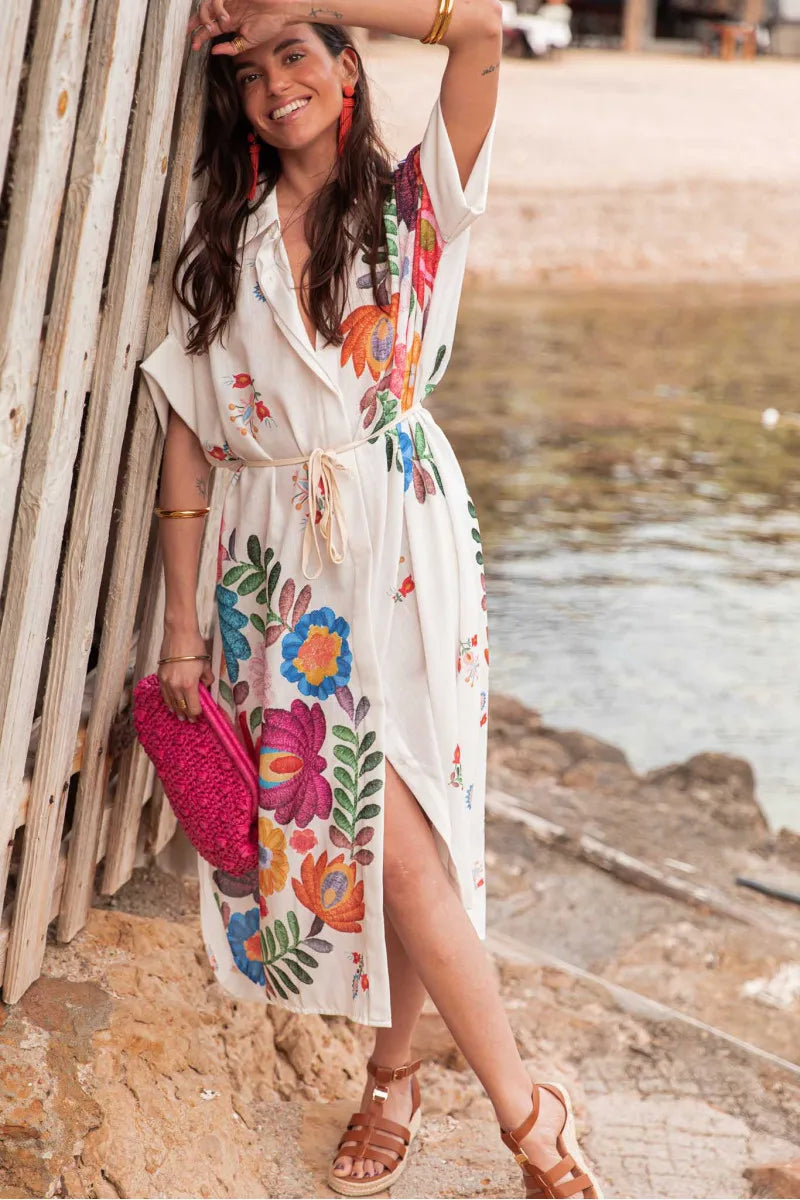 Bohemian Printed Lace-Up Loose-Fit Midi Dress for Women