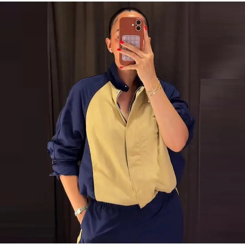 Color Block Two Piece Tracksuit With Cropped Jacket for Women