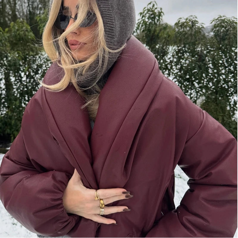 PU Leather Women's Cotton Coat Vintage Laple Full Sleeve Thicken Pockets Female Parka Jackets 2025 Autumn Winter Lady Streetwear
