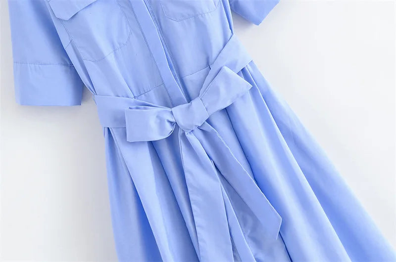 Lapel Casual Pockets Short Sleeve Shirt Dress for Women