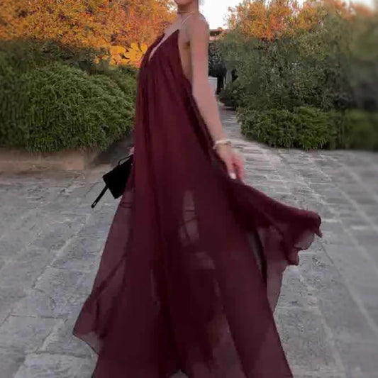 Sexy Women's Backless Wedding Guest Dress 2025 Summer Vacation Solid Color Long Dress Casual Low Cut V-neck Pleated Party Dress