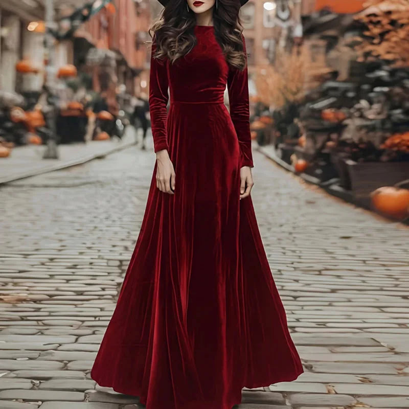 Elegant Velvet Long Sleeve A Line Maxi Dress for Women