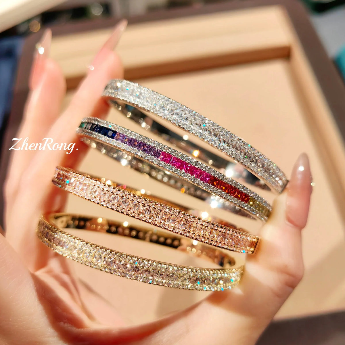 Elegant Gold Tone Paved Zirconia Bangle Bracelet for Women
