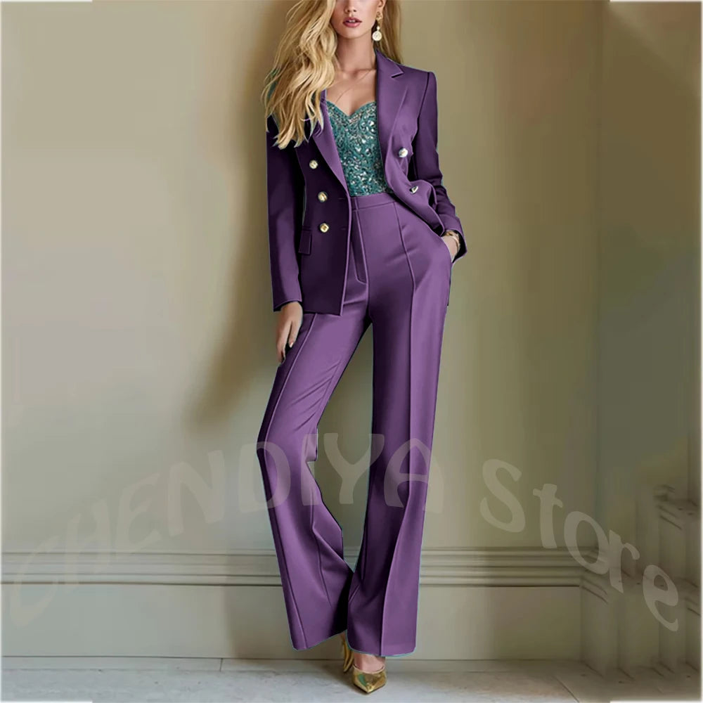 Solid Color Suit For Women High Quality Double Breasted Two Piece Notch Lapel Slim Fit Elegant Fashion Female Outfit Jacket Pant