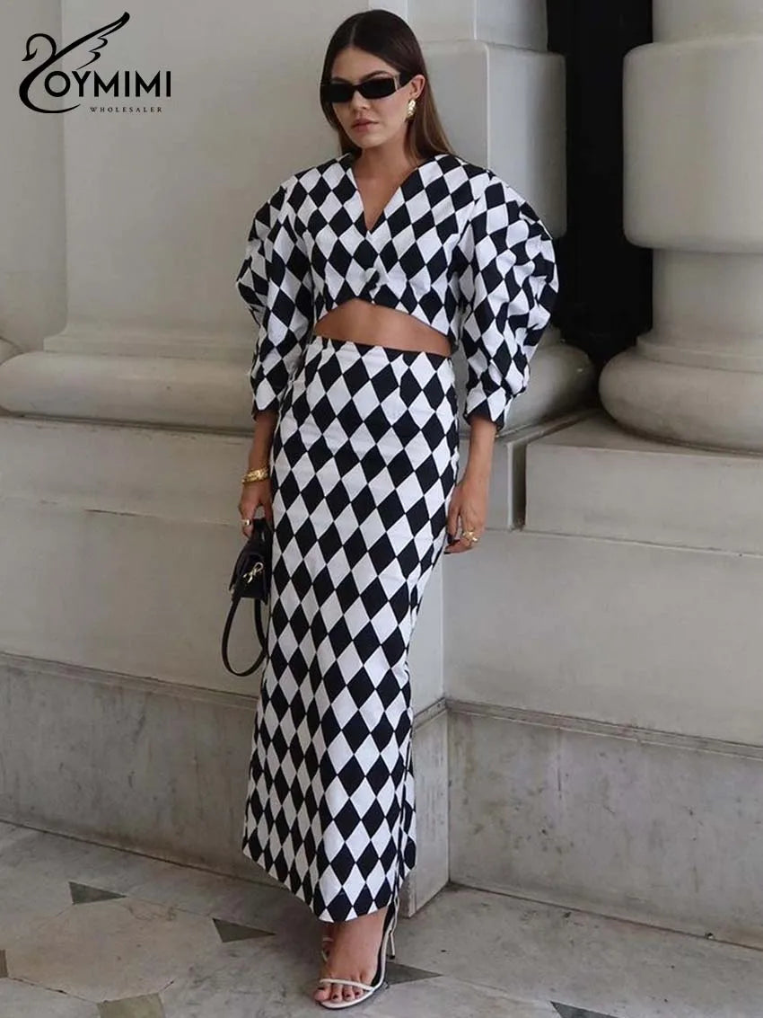 Oymimi Elegant White Print 2 Piece Sets Women Outfit Fashion V-Neck Button Three Quarter Sleeve Crop Shirt + Straight Skirts Set