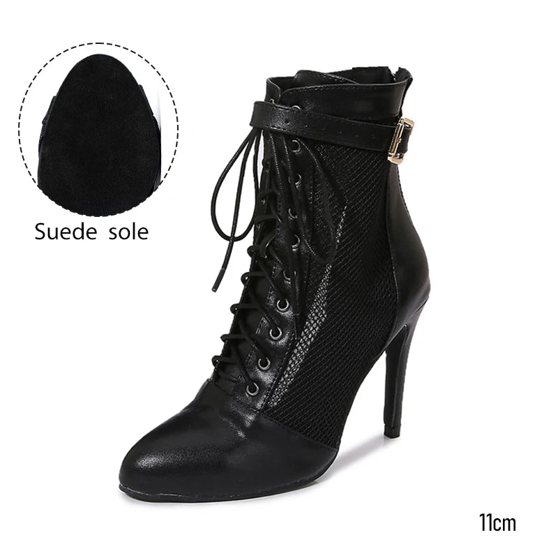 Black Mesh Latin Dance Booties With High Heels for Women