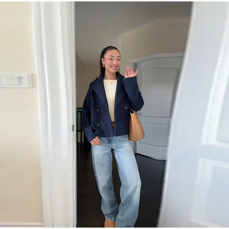 Double Breasted Cropped Jacket With Turn Down Collar for Women