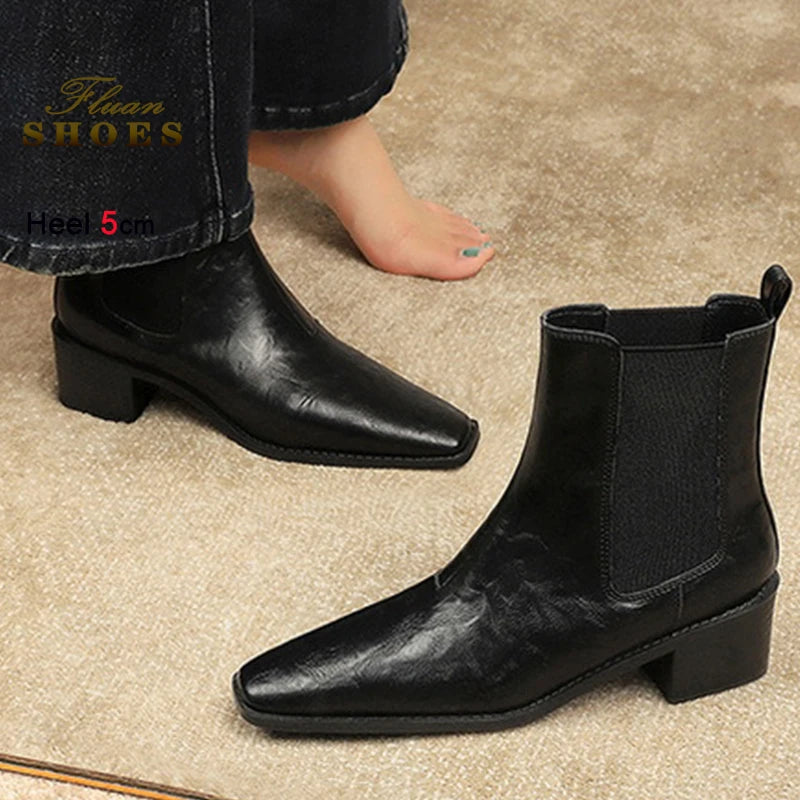 Black Pointed Toe Block Heel Ankle Boots