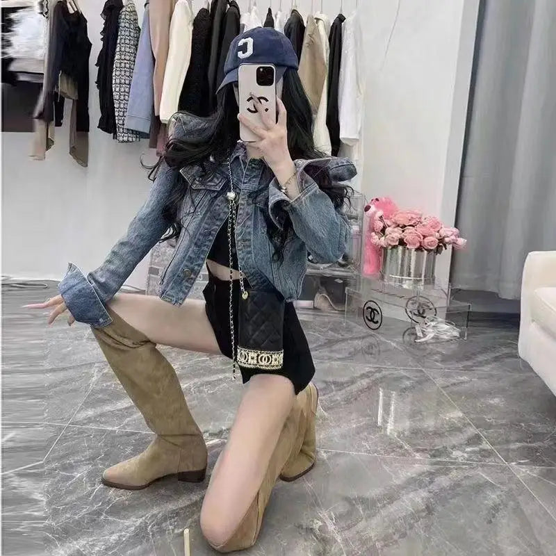 Vintage Inspired Turn Down Collar Cropped Denim Jacket for Women