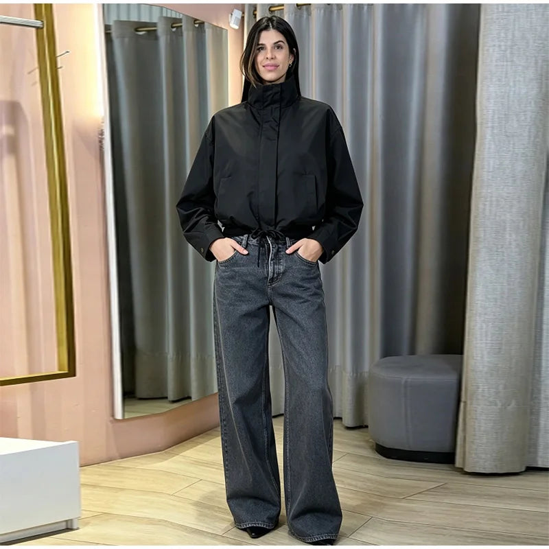 Casual Solid Jacket With Stand Collar And Pockets for Women
