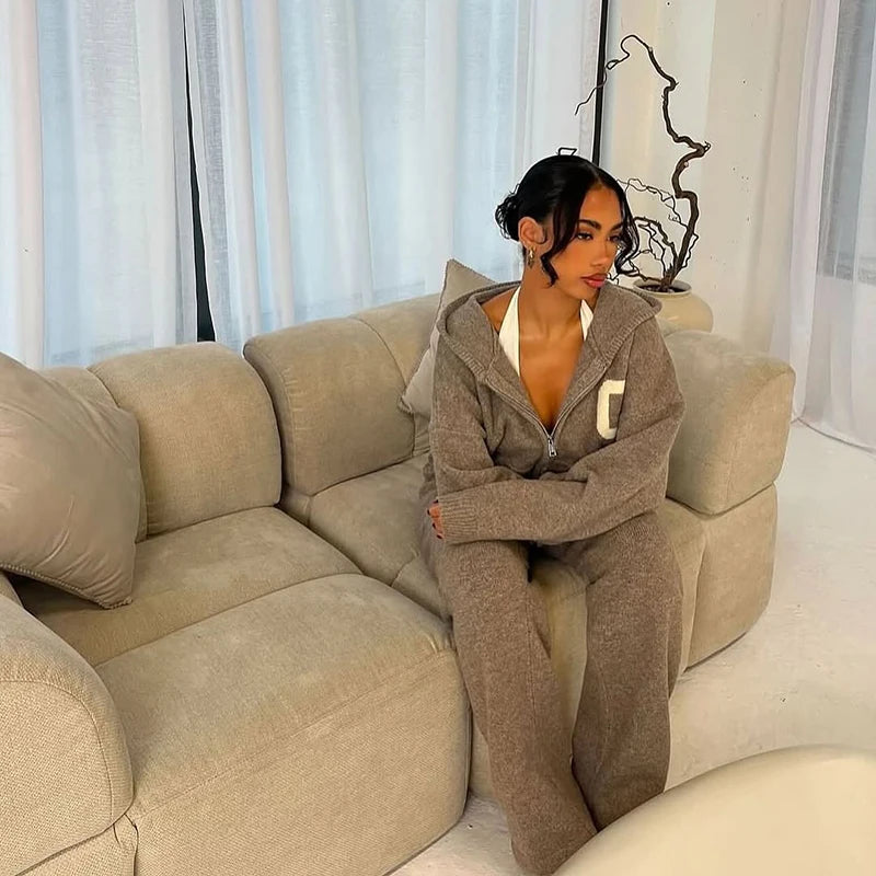 Letter Print Hooded Two Piece Set With Wide Leg Pants for Women