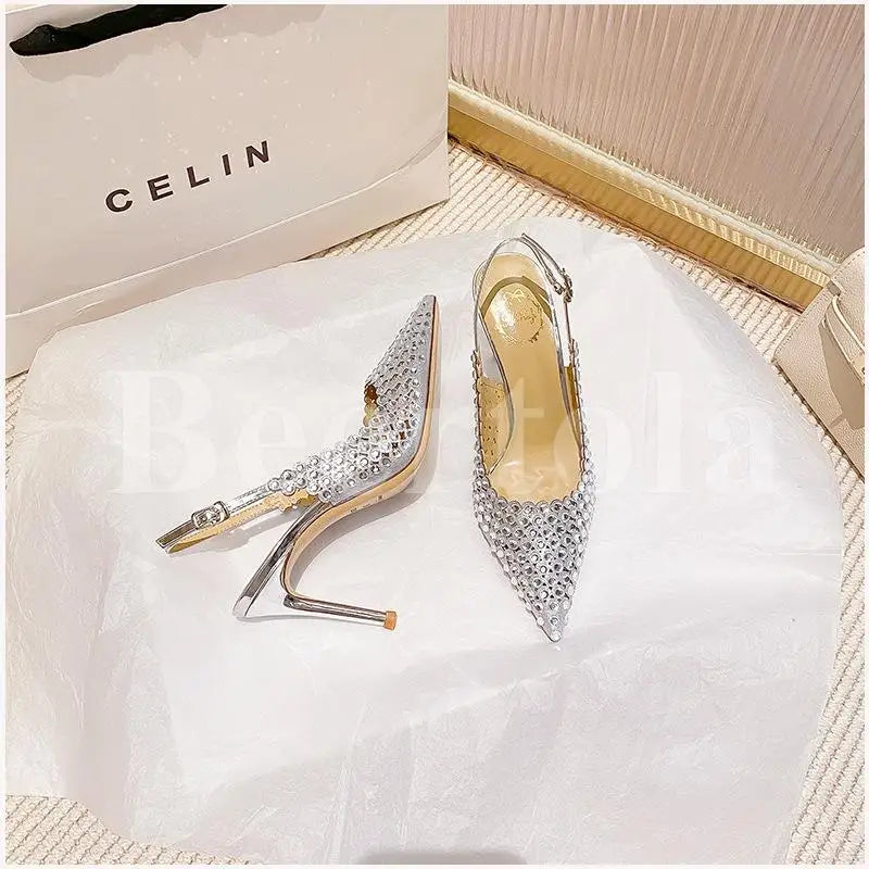 New Rhinestones Woman Sandals Diamond Pointed Toe Shallow Thin High Heels Back Strap Stilettos Female Wedding Bride Sandals