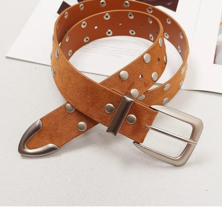 Retro Solid Color Suede Rivet Waist Belt for Women