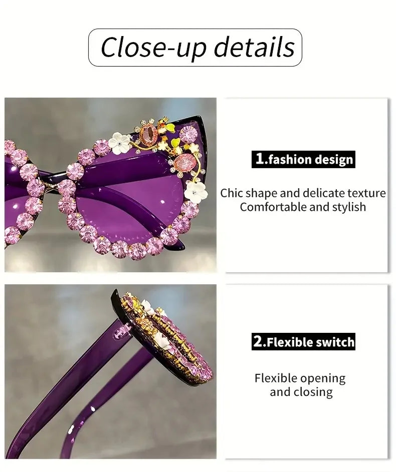 Luxury Rhinestone Flower Sunglasses Cat Eye Gradient Decorative Shades Props For Costume Party Prom