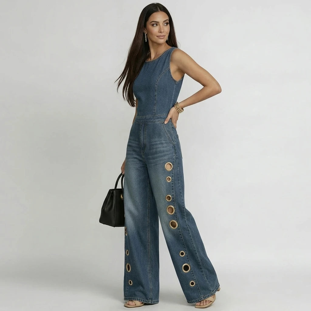 Bonboho Women's Sleeveless Round Neck Eyelet Wide Leg Denim Jumpsuit Casual Streetwear Jumpsuit for Festival & Party Outfits