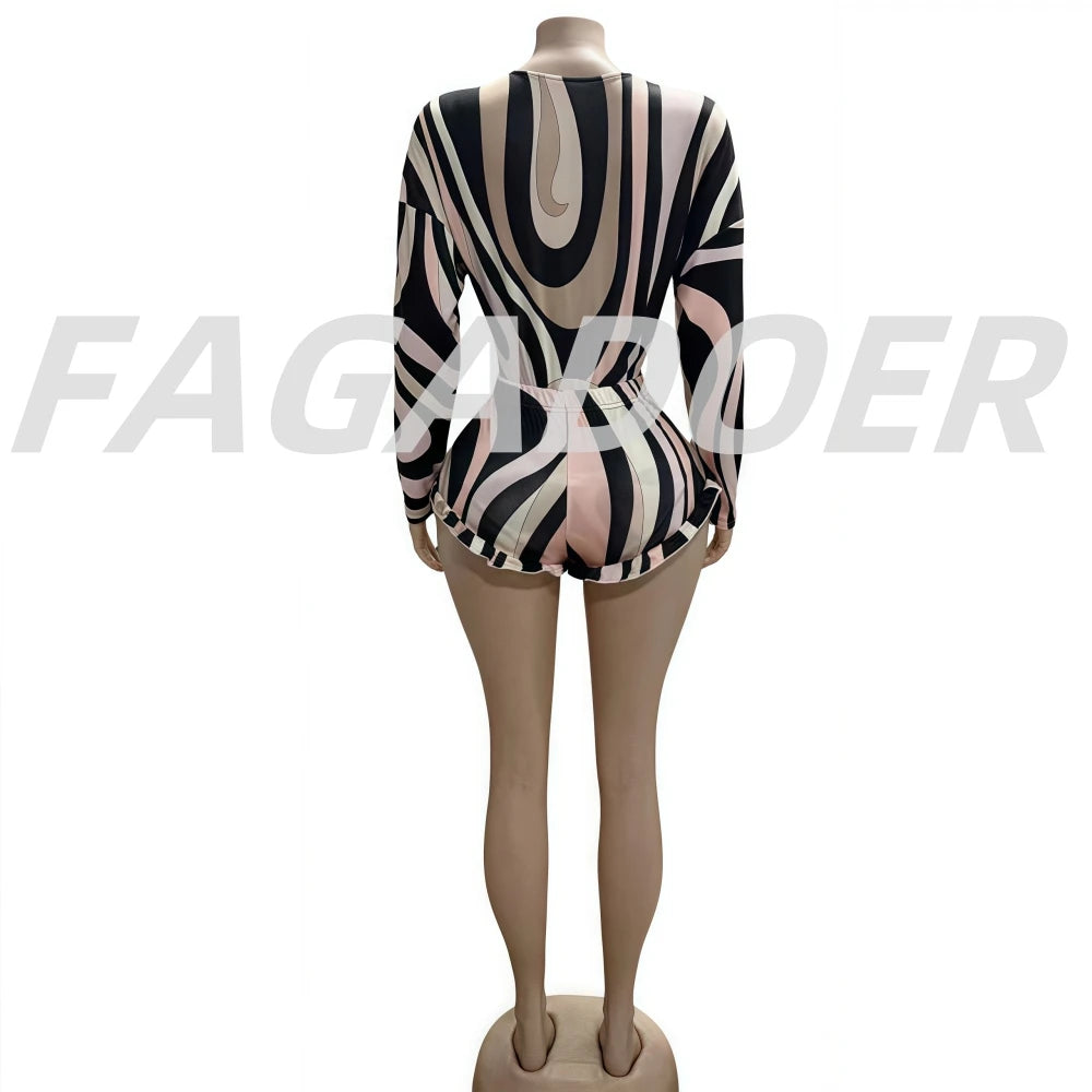 FAGADOER Sexy Stripe Print Two Piece Outfits Woman Long Sleeves See Through V-neck  Crop Top and Shorts Suit Hot Girl Streetwear